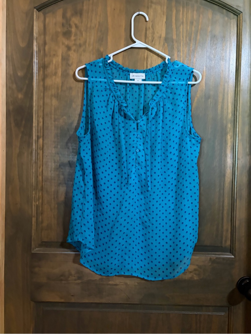 Liz Claiborne Teal Sleeveless Polka Dot Ruffle V-Neck Blouse
